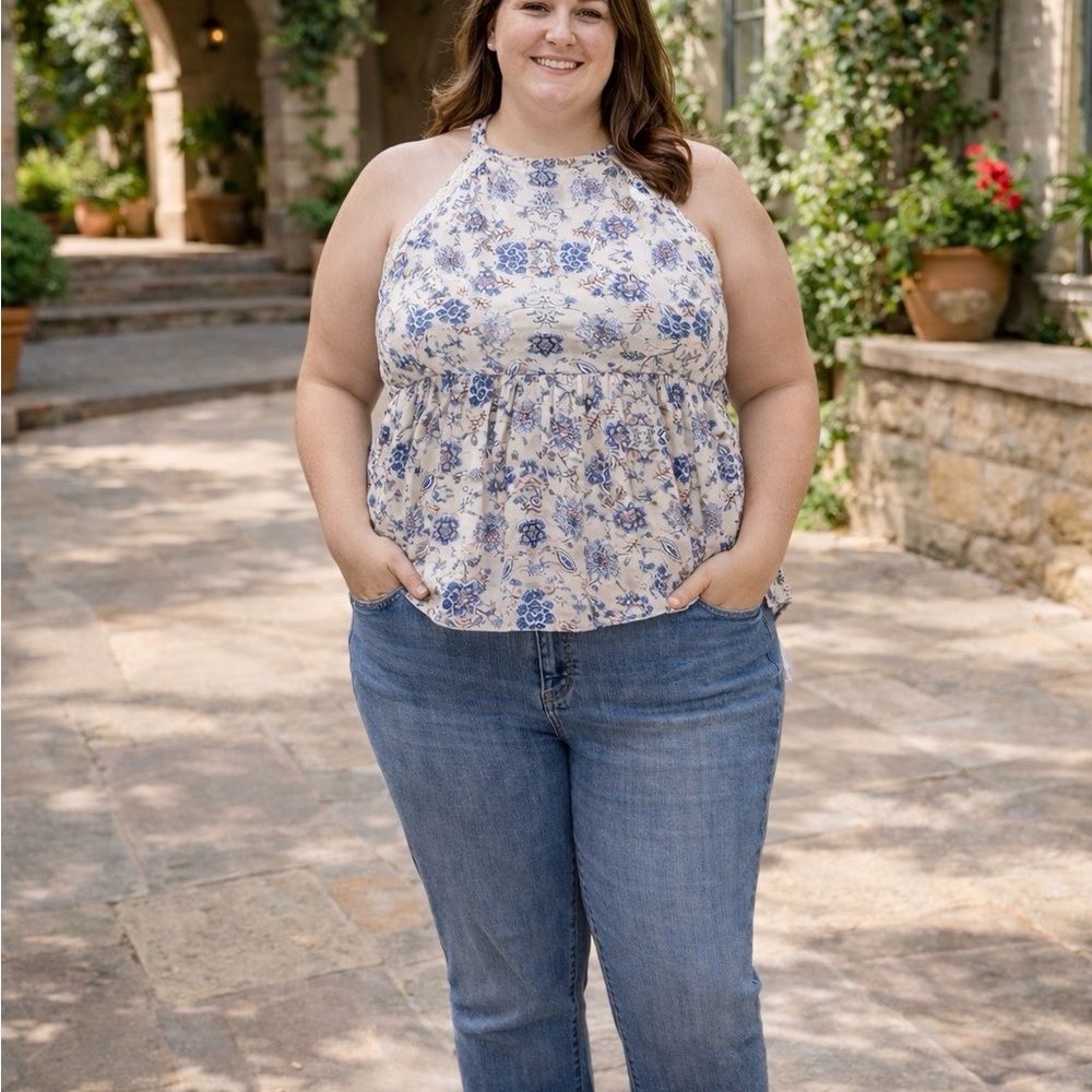 Maurices Cream Halter Tank with Blue Floral Print